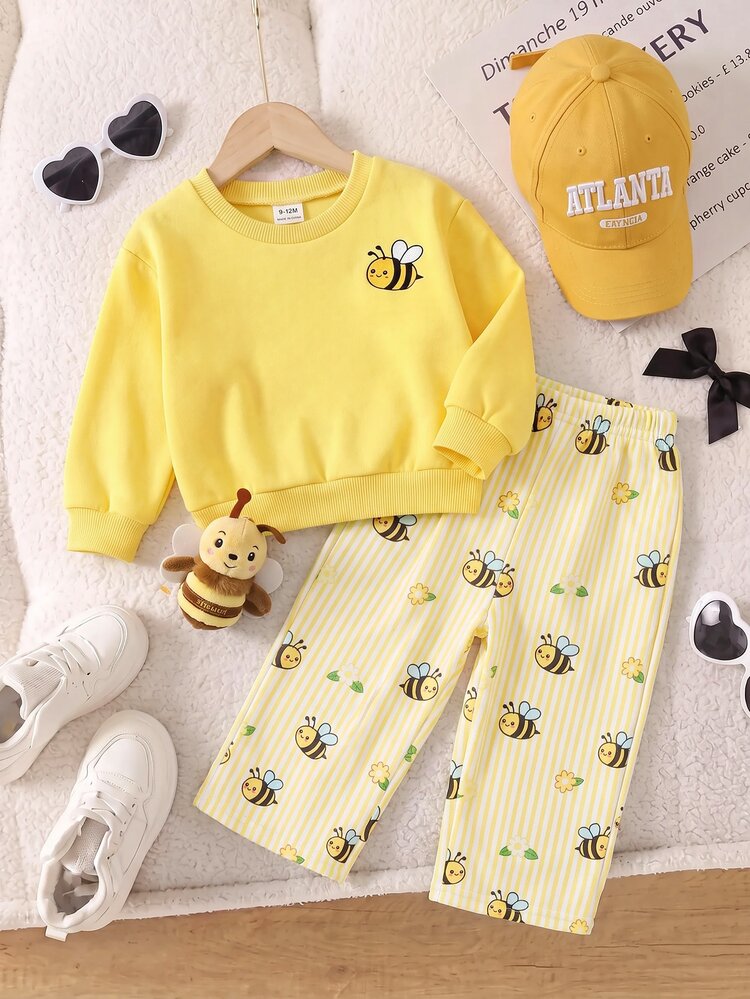 SHEIN 2pcs Baby Girl Floral Pattern Knit Soft Crew Neck Long Sleeve Sweatshirt And Long Autumn Pants Set - Yellow - View 5