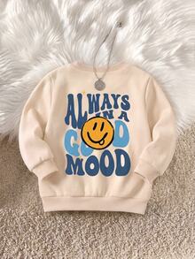 Boys' (Small) Apricot Crew Neck Sweatshirt, Ribbed Cuffs Design. Small Tongue-Out Smiling Face Print On Chest, Vintage Letter And Big Smiling Face Pattern On Back, Loose Fit Comfortable, Playful And Simple Style, Soft And Skin-Friendly - Multicolor - View 3