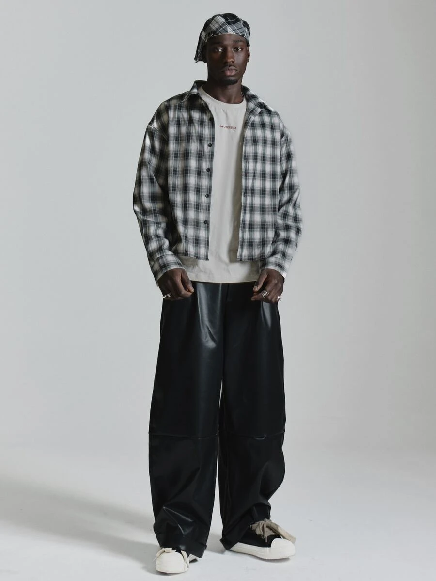 Musero Oversized Drop Shoulder Check Flannel Shirt Button Fastening Autum Winter Essentials - Black and White - View 1