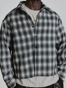Musero Oversized Drop Shoulder Check Flannel Shirt Button Fastening Autum Winter Essentials - Black and White - View 6