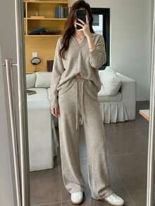 Livesso Petite Women's Solid Color Drop Shoulder Long Sleeve Sweater And Knit Pants Casual 2 Pieces Set - Khaki - View 10