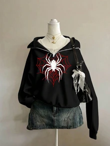SHEIN Sparklyn 青少年女孩長袖抓絨秋季服飾，萬聖節蜘蛛印花衛衣，休閒節日穿搭 - 黑色 - 查看 1