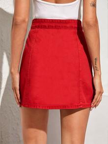 Breezaya Plus Size Summer Casual Front Button Denim Skirt - Red - View 3