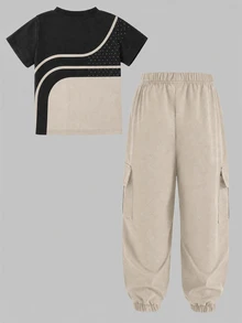 SHEIN 2pcs Set Striped And Polka Dot Horse Logo Print Pattern Black And Light Khaki Color Block Versatile Fashionable Comfortable Round Neck T-Shirt And Light Khaki Cargo Jogger Pants Short Sleeve Outfit Suitable For All Seasons - Multicolor - View 4