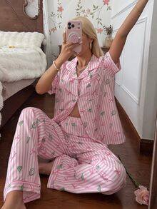 CottageSlumber Sweet Pink & White Striped Christmas Tree Bow Print Lapel Cardigan Loungewear 2 Pieces Set - Pink - View 1
