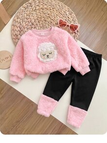 SHEIN 2件組可愛女嬰毛絨卡通圖案長袖衛衣與彈性腰長褲套裝，秋冬款 - 粉色 - 查看 6