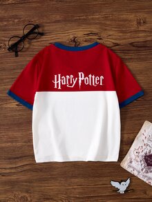 HARRY POTTER X SHEIN Tween Girl Summer Casual Colorblock Patchwork Cartoon Print T-Shirt - Multicolor - View 2