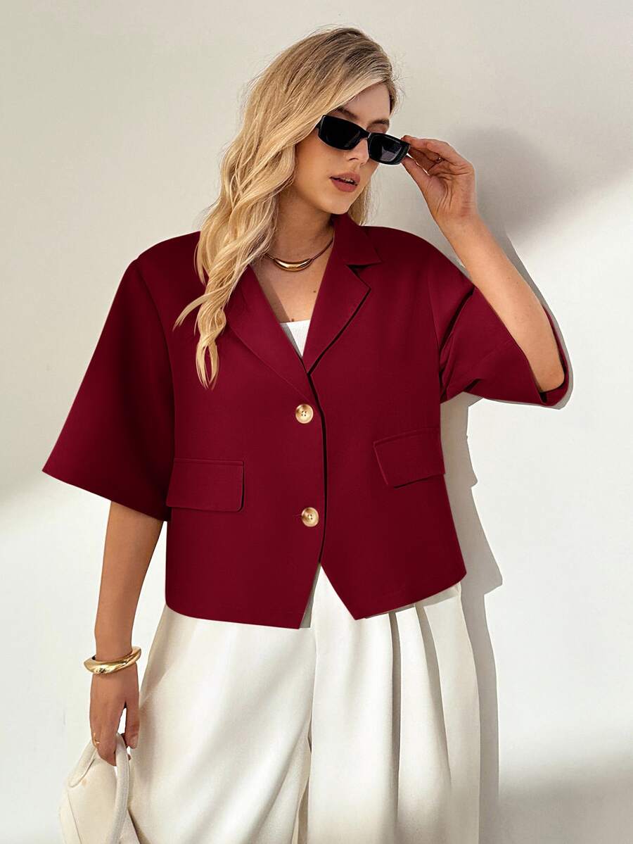 Auralis Plus Size Summer Casual Solid Color Blazer - Red - View 1