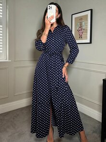 SHEIN Clasi 女款休閒波點印花長洋裝，秋季 - 藏蓝色 - 查看 8