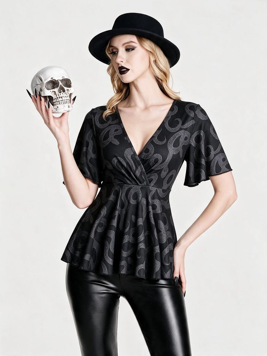 Breakform Women's Summer Gothic Dark Style Snake Print Knit Fabric V-Neck Ruffle Sleeve Short Sleeve Solid Color Cross Wrap Casual Hem T-Shirt - Multicolor - View 1