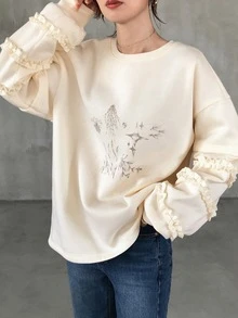 FRIFUL 女款休閒荷葉邊飾運動衫，秋冬款 - 杏色 - 查看 3