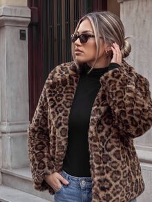 SHEIN PariChic Women's Autumn/Winter Party Street Commute Leopard Print Faux Fur Long Sleeve Jacket - Coffee Brown - View 4