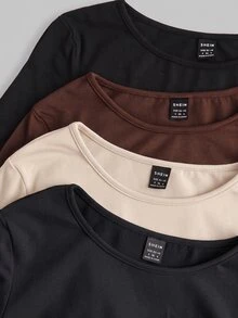 SHEIN EZwear 多色針織女款修身T恤 - 彩色 - 查看 4