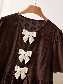 CosyJoli Plus Size Round Neck Short Sleeve Shirt, Everyday Plus Size Top, Apricot Color Plus Size Shirt, Black Bow Design - Brown - View 4