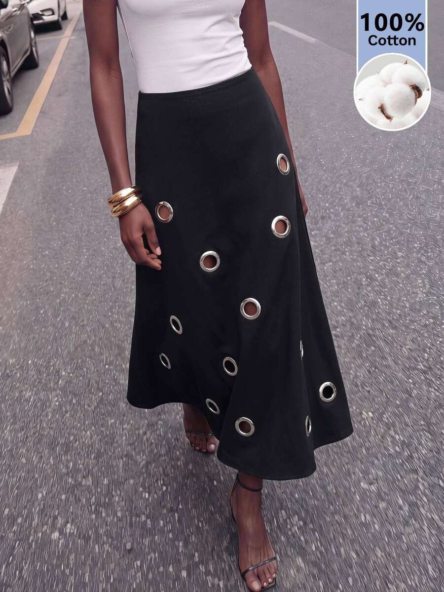 Maija Women's Fashion Commuter Metal Eyelet Decor Skirt - Black - View 1