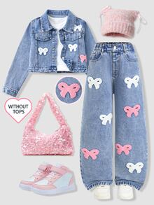 Girls Back To School Bow Towel Embroidery Denim Set, Sweet Short Denim Jacket With Wide Leg Denim Pants, Cute Washed Denim Outfit For School And Outings - Light Wash - View 1