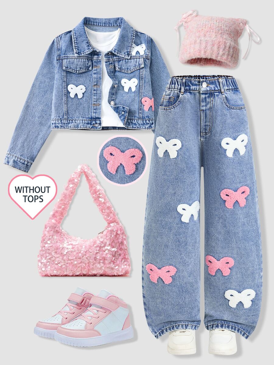 Girls Back To School Bow Towel Embroidery Denim Set, Sweet Short Denim Jacket With Wide Leg Denim Pants, Cute Washed Denim Outfit For School And Outings - Light Wash - View 1