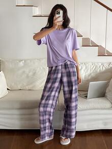 DAZY Women's Letter Print Drop Shoulder Sleeve Top And Plaid Long Pants Pajama Set - Purple - View 3