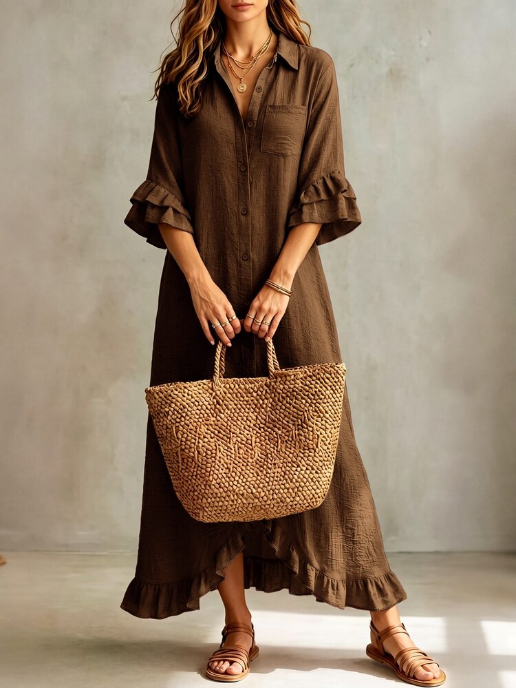 Linhara CURVE Women's Plus Size Long Shirt Dress, Casual Outdoor Dress, Summer Dress, Pastoral Dress - Brown - View 5