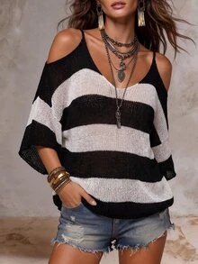 SHEIN Clasi Plus Size Vacation Fashion Striped Colorblock Cold Shoulder Knit Top - Black - View 10