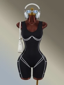 Amplova Women's Black & White Contrast V-Neck Short Jumpsuit - Black and White - View 5