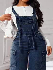 SHEIN CURVE+ Overall Denim Saku Gaya Streetwear Ukuran Plus - Biru - View 5