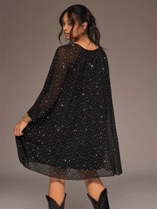 Freevana Plus Size Elegant Black Sheer Mesh Sparkly Rhinestone V Neck Long Sleeve Flowy Evening Dress - Black - View 2