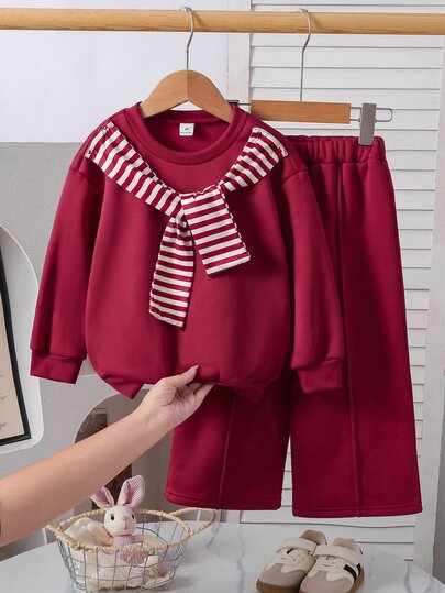 SHEIN Young Girl Young Girl Casual Solid Knit Autumn Sweatshirt And Wide Leg Sweatpants Set,Winter, Day