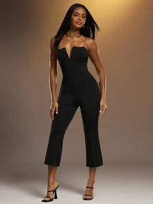 Hauture Strapless Deep V Wired Neckline Sculpted Bandage Capri Jumpsuit Catsuit Sexy Fall 2026 - Black - View 4