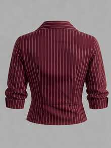 Olithes Kemeja Wanita Kasual untuk Perjalanan, Melangsingkan Pinggang, Model 2 in 1, Garis-garis Biru Tua, Lengan Panjang dan Pendek dengan Kerah. - Burgundy - View 2