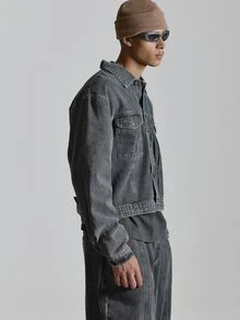 Musero Overszied Back Adjuster Grey Washed Denim Jacket Drop Shoulder Inserted Chest Pockets Co Ord Jacket Only Autum Winter Essentials - Black - View 4