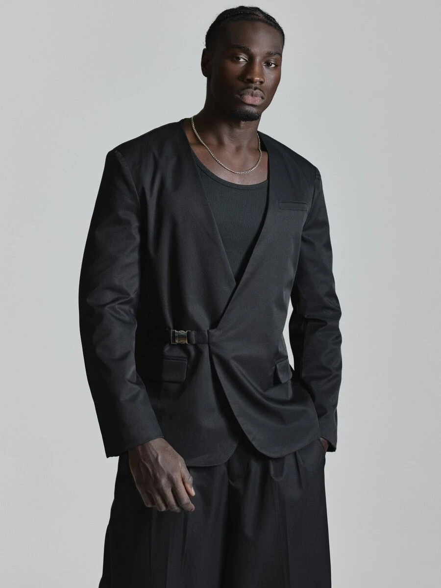 Musero Collarless Metal Clip Fastening Minimal Blazer Chest Welt Pocket Co Ord Blazer Only Autum Winter Essentials - Black - View 1