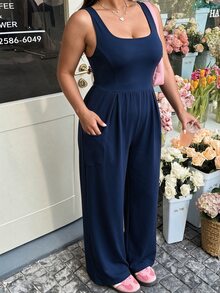 Sunnyshic Women's Plus Size Solid Color Pleated Casual Daily Sports Jumpsuit - Royal Blue - View 5
