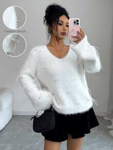 Elenzga Women's Solid Color V-Neck Casual Versatile Daily Wear Long Sleeve Sweater - White - View 3