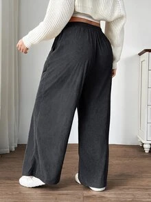 SHEIN EZwear 深灰色大尺碼女款秋冬校園日常室內工作穿搭卡其色燈芯絨布料附口袋與拼接設計高腰寬鬆寬腿褲 - 深灰色 - 查看 2