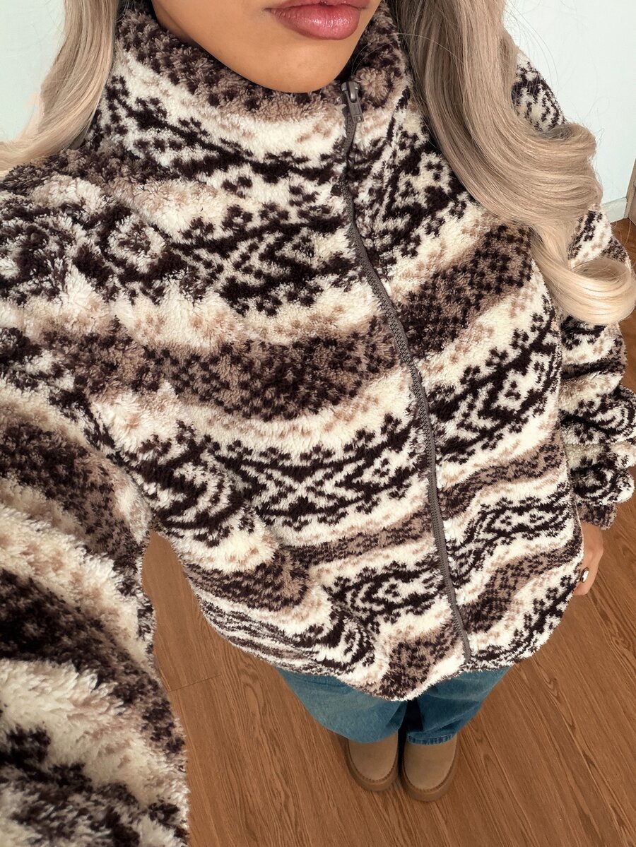 SHEIN EZwear 女款長袖前開拉鍊休閒復古幾何圖案抓絨夾克 - 摩卡棕 - 查看 1