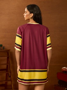 HARRY POTTER X SHEIN Women's Digital Print Striped Colorblock Short Sleeve Dress - Burgundy - View 2