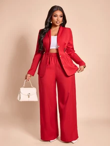 Brilight V Metal Decor Waist Slim Jacket High Waist Wide Leg Pants For Wedding Guest Office Business Party - Red - View 4