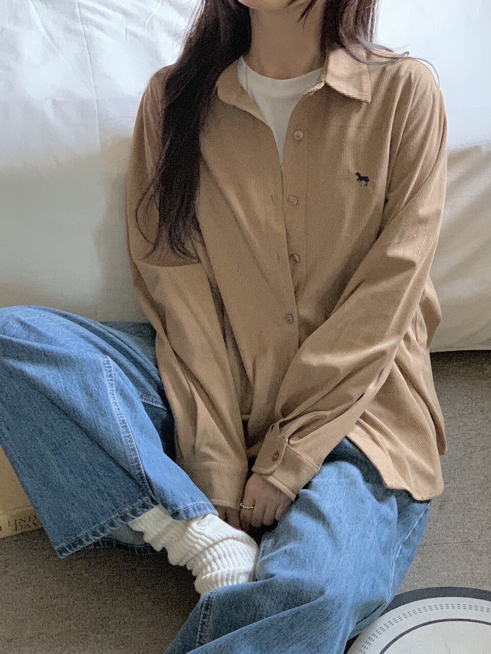 Pattern Embroidered Loose Long Sleeve Corduroy Shirt Casual Elegant Old Money Vacation Spring Autumn Top Women's Blouse