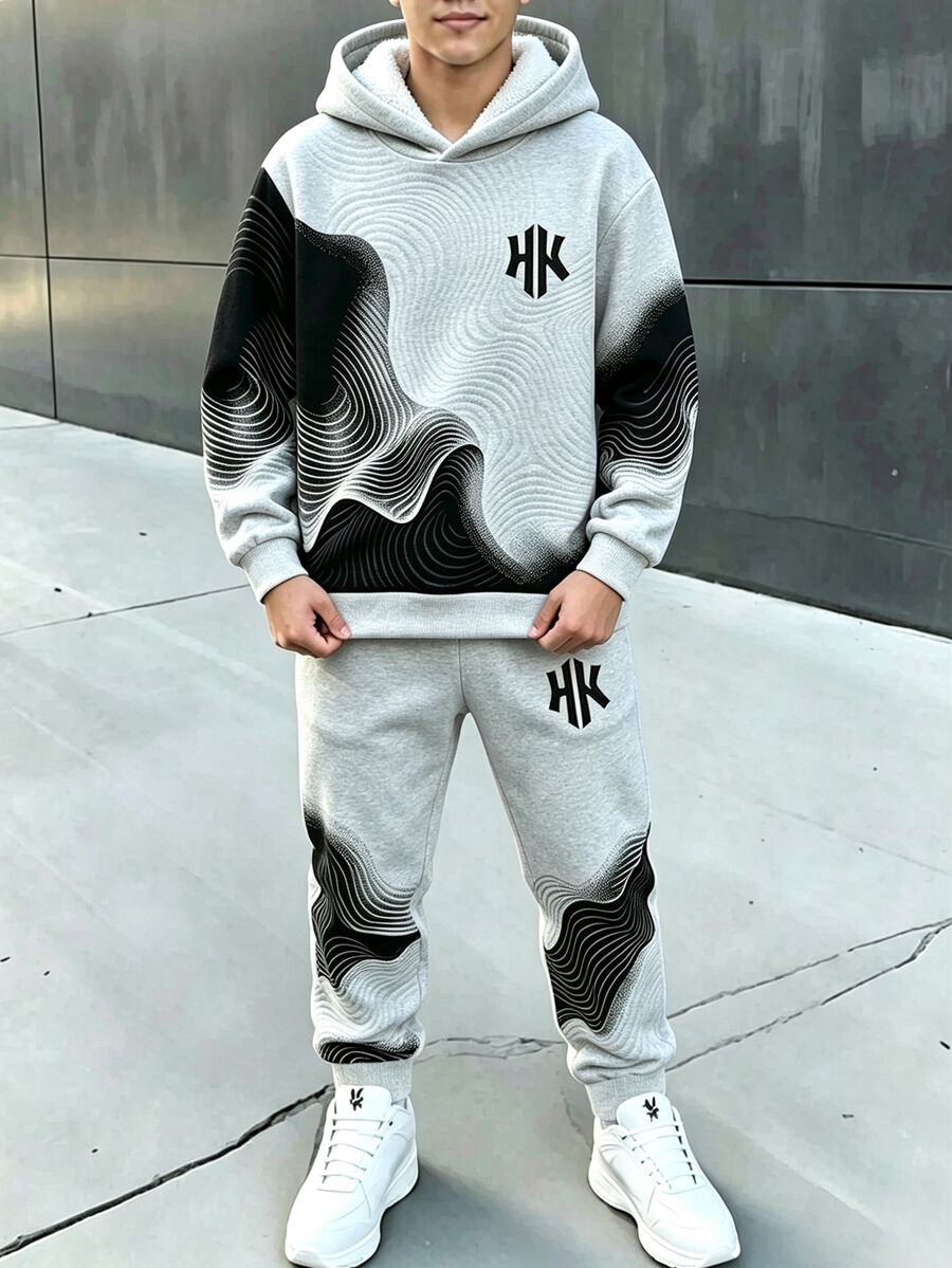 Tween Boys Casual Comfortable Fashion Minimalist Personalized Line Colorblock Print Pattern Contrast Color Casual Style Autumn/Winter Hooded Sweatshirt Set Suitable For Outings And Sports - Multicolor - View 1