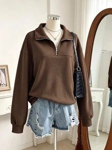 SHEIN Sparklyn 少女純色落肩長袖半拉鍊休閒運動衫 - 咖啡棕 - 查看 3