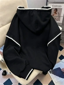 Sparklyn 青少年女孩秋季淺灰色連帽衛衣，黑色波浪邊飾，寬鬆落肩長袖套頭衛衣 - 黑色 - 查看 2