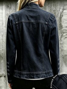 SHEIN 女款藍色印花立領夾克，雙排金屬鈕扣復古宮廷風，中式立領長袖開襟衫 - 黑色 - 查看 3