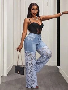 Slaydiva Celana Jeans Wanita Model Lurus Elegan dengan Saku dan Renda Kontras - Biru - View 5