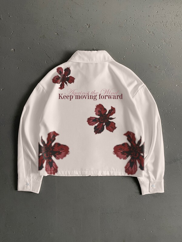 Manfinity ZONE917 Boxy Short Loose Fashion Casual Distressed Vintage European Antique Floral Oil Painting Print Long Sleeve Short Shirt
