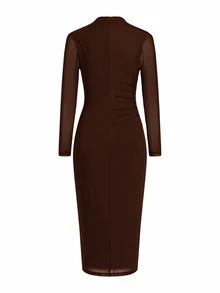 Ellevyn Gaun Midi Elegan Wanita Warna Polos Kerah Tegak Lengan Panjang dengan Detail Kerut dan Potongan Pas Badan - Coffee Brown - View 5