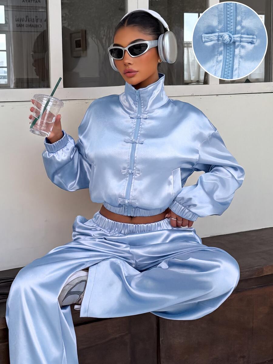 Muchica Women's Casual Streetwear Comfortable Light Blue New Chinese Style Satin Long Sleeve Set, Autumn/Winter Everyday Going Out Day Time - Baby Blue - View 1