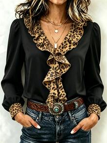 SHEIN Women's Elegant Patchwork Leopard Print Ruffle Long Sleeve Fashion Blouse - Multicolor - View 4