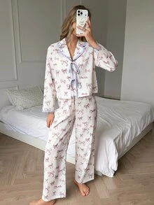 DAZY Women's Bow Print Front Tie Long Sleeve Top And Pants Pajama Set Fall - Pink - View 8