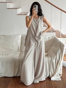 DAZY Women's Round Neck Asymmetrical Hem Sleeveless Top And Wide Leg Pants Loungewear Set - Khaki - View 5